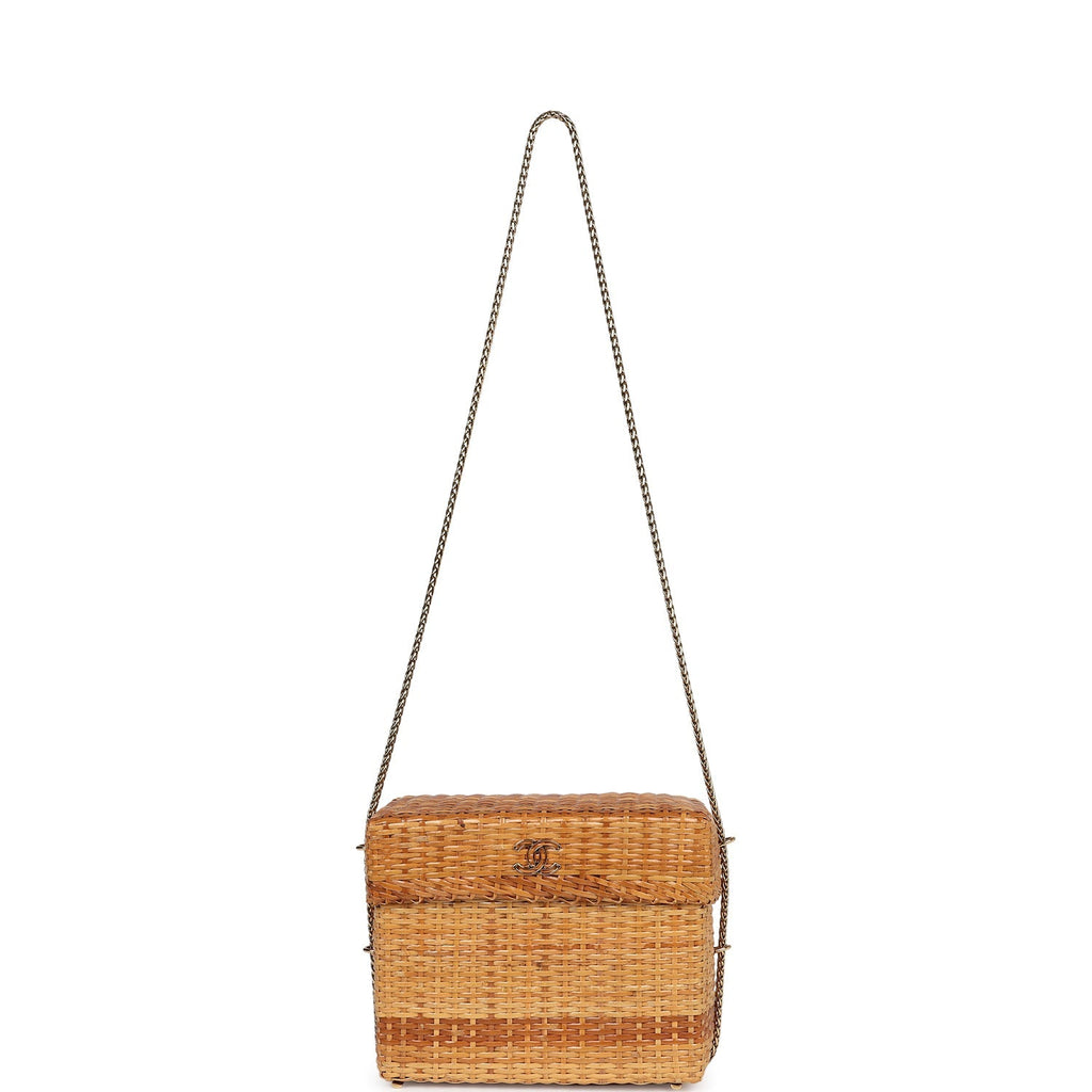New Chanel Small Picnic Basket Bag Natural Wicker Gold Hardware