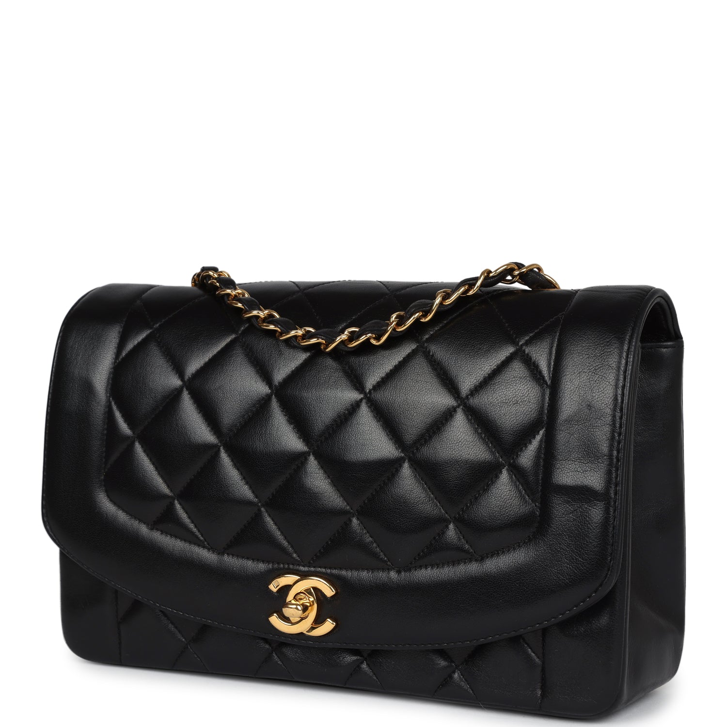 Vintage Chanel Medium Diana Flap Bag Black Lambskin Gold Hardware