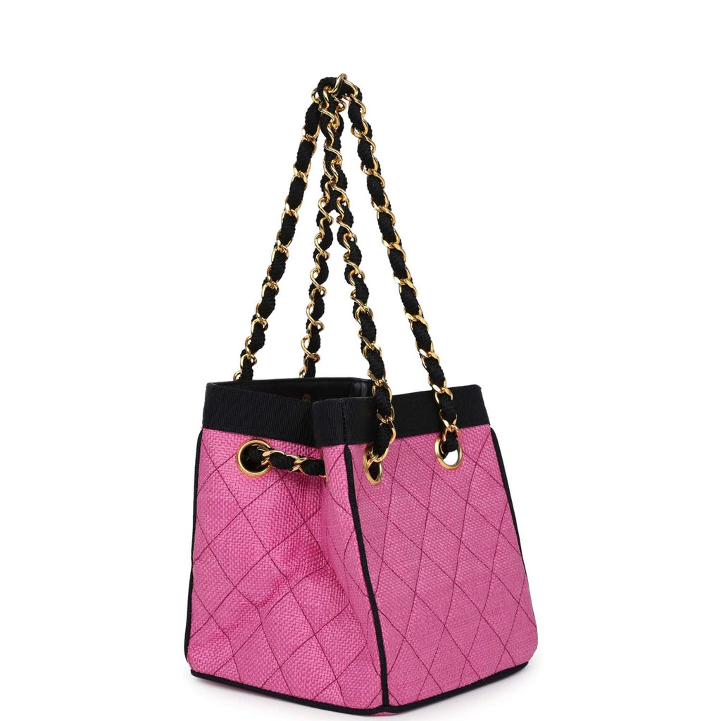 New Chanel Set of Two Mini Bucket Bag & Oval Handbag Pink and Black Raffia Gold Hardware