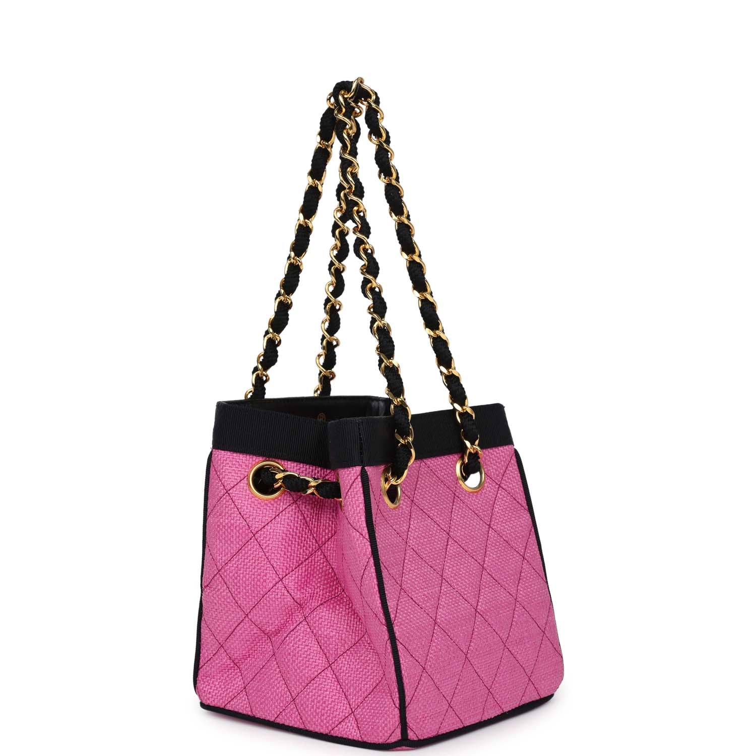 New Chanel Set of Two Mini Bucket Bag & Oval Handbag Pink and Black Raffia Gold Hardware