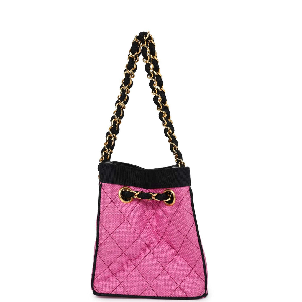New Chanel Set of Two Mini Bucket Bag & Oval Handbag Pink and Black Raffia Gold Hardware