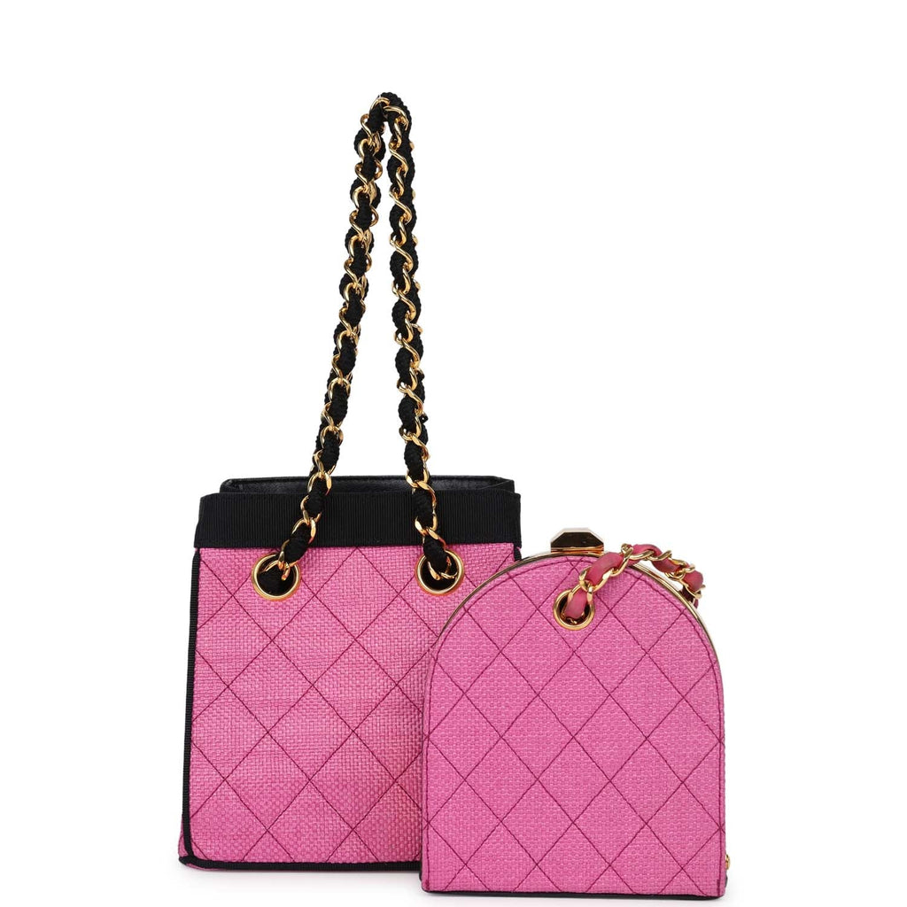 New Chanel Set of Two Mini Bucket Bag & Oval Handbag Pink and Black Raffia Gold Hardware