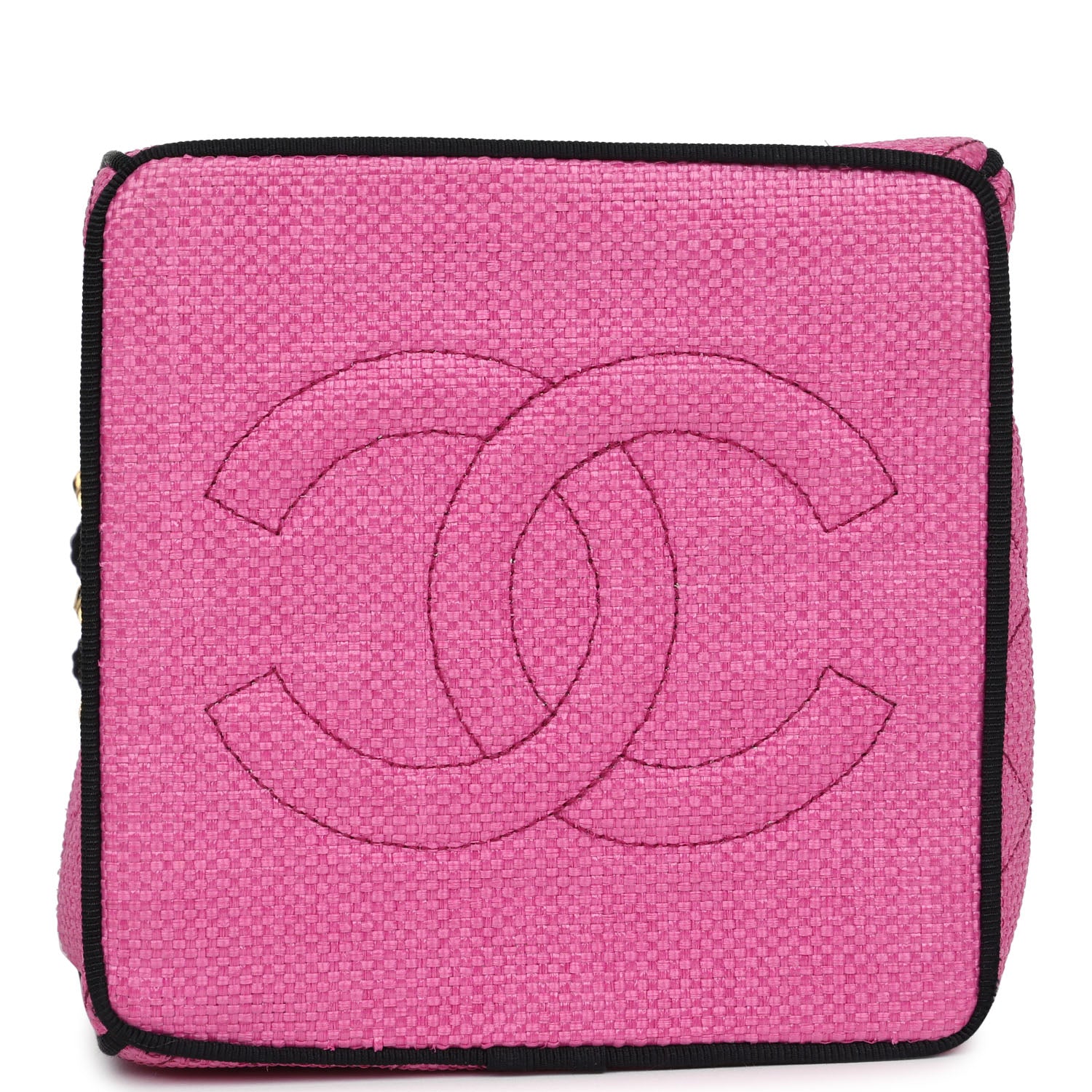 New Chanel Set of Two Mini Bucket Bag & Oval Handbag Pink and Black Raffia Gold Hardware