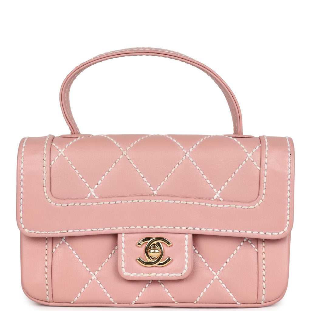 New Chanel Mini Wild Stitch Surpique Top Handle Flap Bag Pink Calfskin Gold Hardware