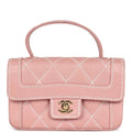 New Chanel Mini Wild Stitch Surpique Top Handle Flap Bag Pink Calfskin Gold Hardware