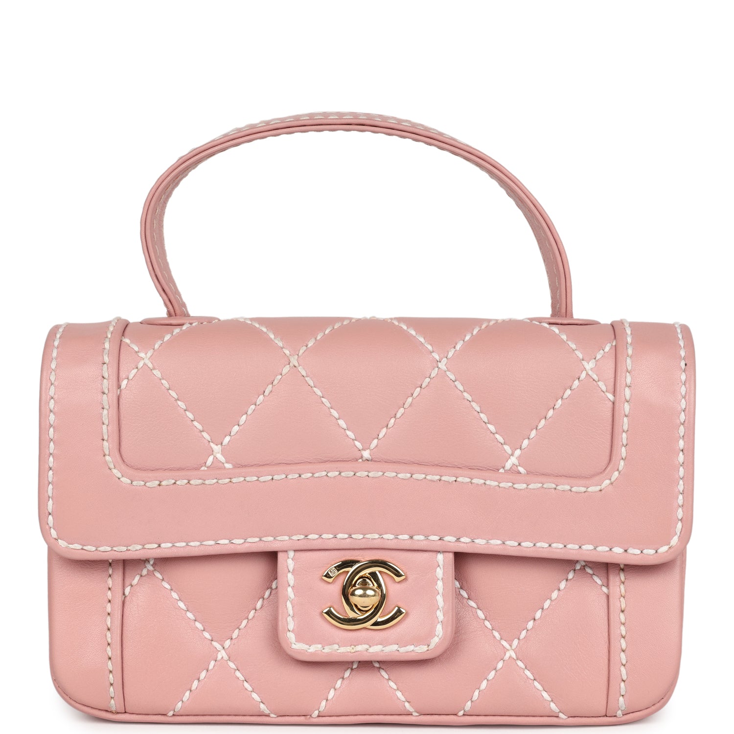 New Chanel Mini Wild Stitch Surpique Top Handle Flap Bag Pink Calfskin Gold Hardware