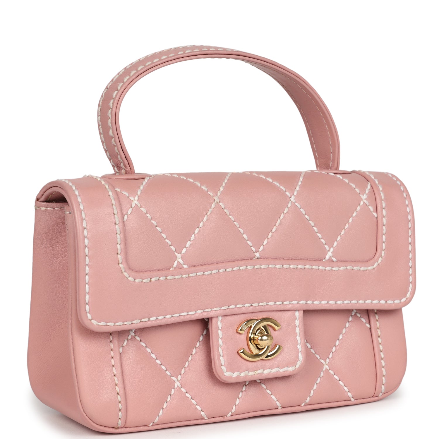 New Chanel Mini Wild Stitch Surpique Top Handle Flap Bag Pink Calfskin Gold Hardware