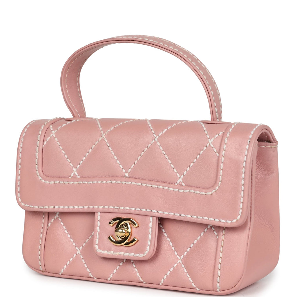 New Chanel Mini Wild Stitch Surpique Top Handle Flap Bag Pink Calfskin Gold Hardware