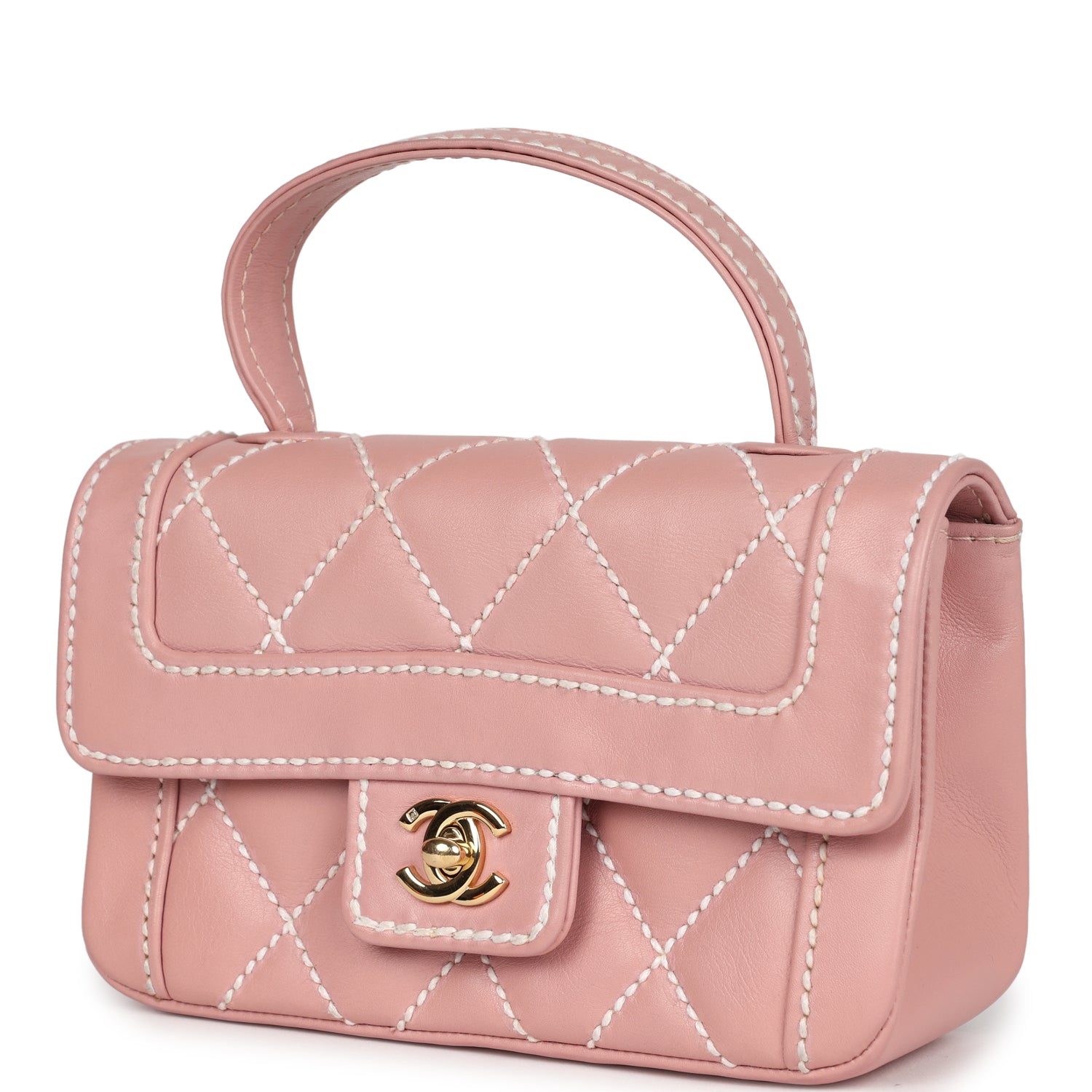 New Chanel Mini Wild Stitch Surpique Top Handle Flap Bag Pink Calfskin Gold Hardware