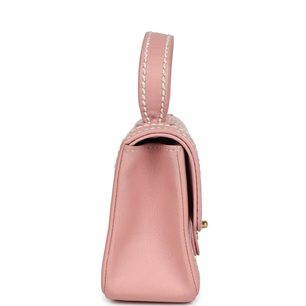 New Chanel Mini Wild Stitch Surpique Top Handle Flap Bag Pink Calfskin Gold Hardware