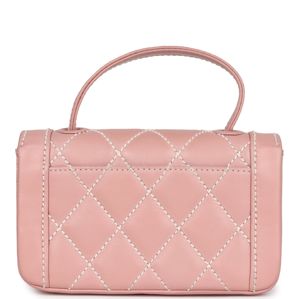 New Chanel Mini Wild Stitch Surpique Top Handle Flap Bag Pink Calfskin Gold Hardware