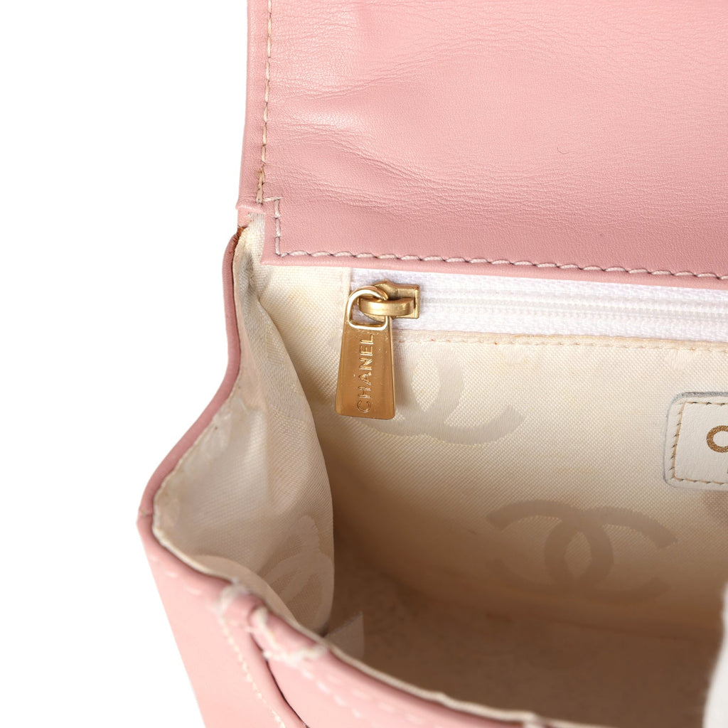 New Chanel Mini Wild Stitch Surpique Top Handle Flap Bag Pink Calfskin Gold Hardware