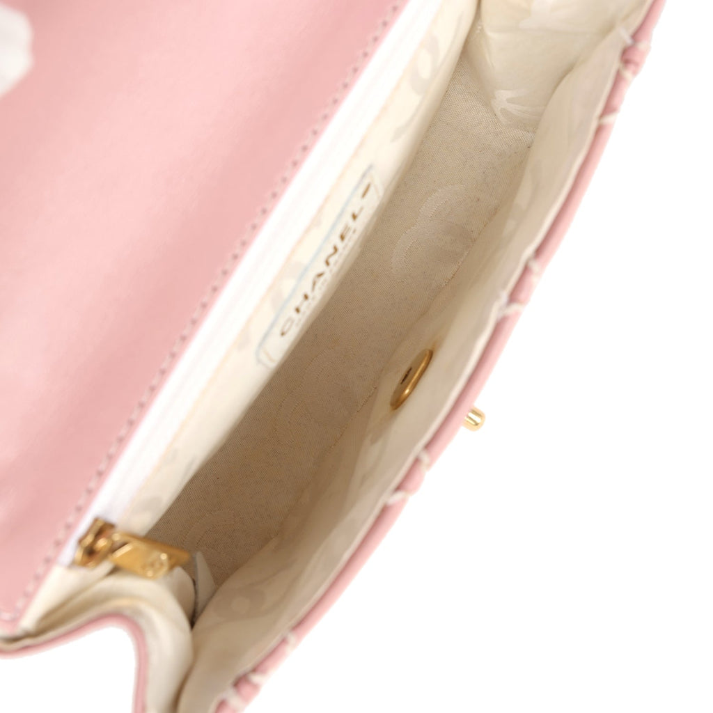 New Chanel Mini Wild Stitch Surpique Top Handle Flap Bag Pink Calfskin Gold Hardware