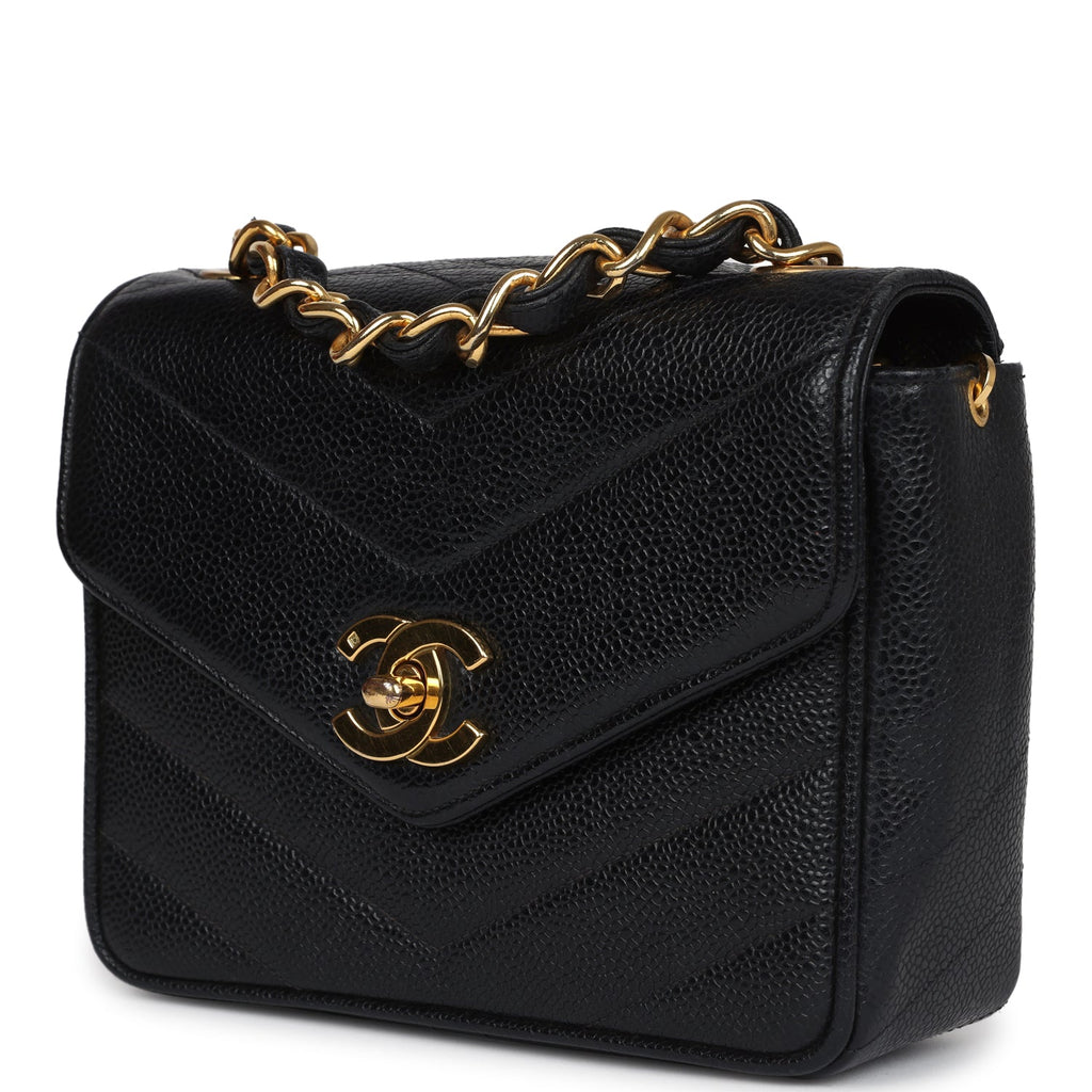 New Chanel Square Chevron Envelope Flap Bag Black Caviar Gold Hardware