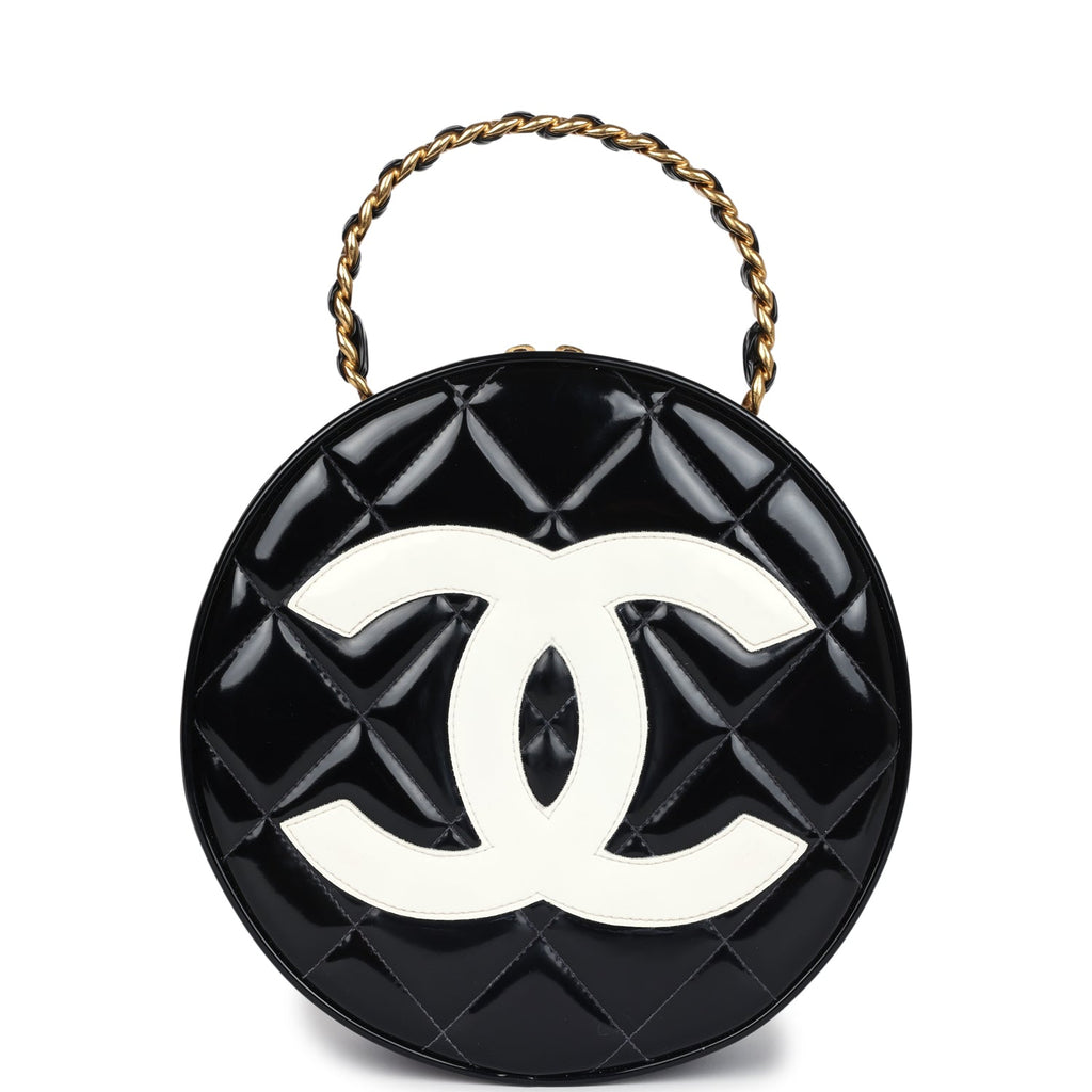 New Chanel Round Vanity Bag Black and White Patent Leather Antique Gold Hardware