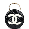 New Chanel Round Vanity Bag Black and White Patent Leather Antique Gold Hardware