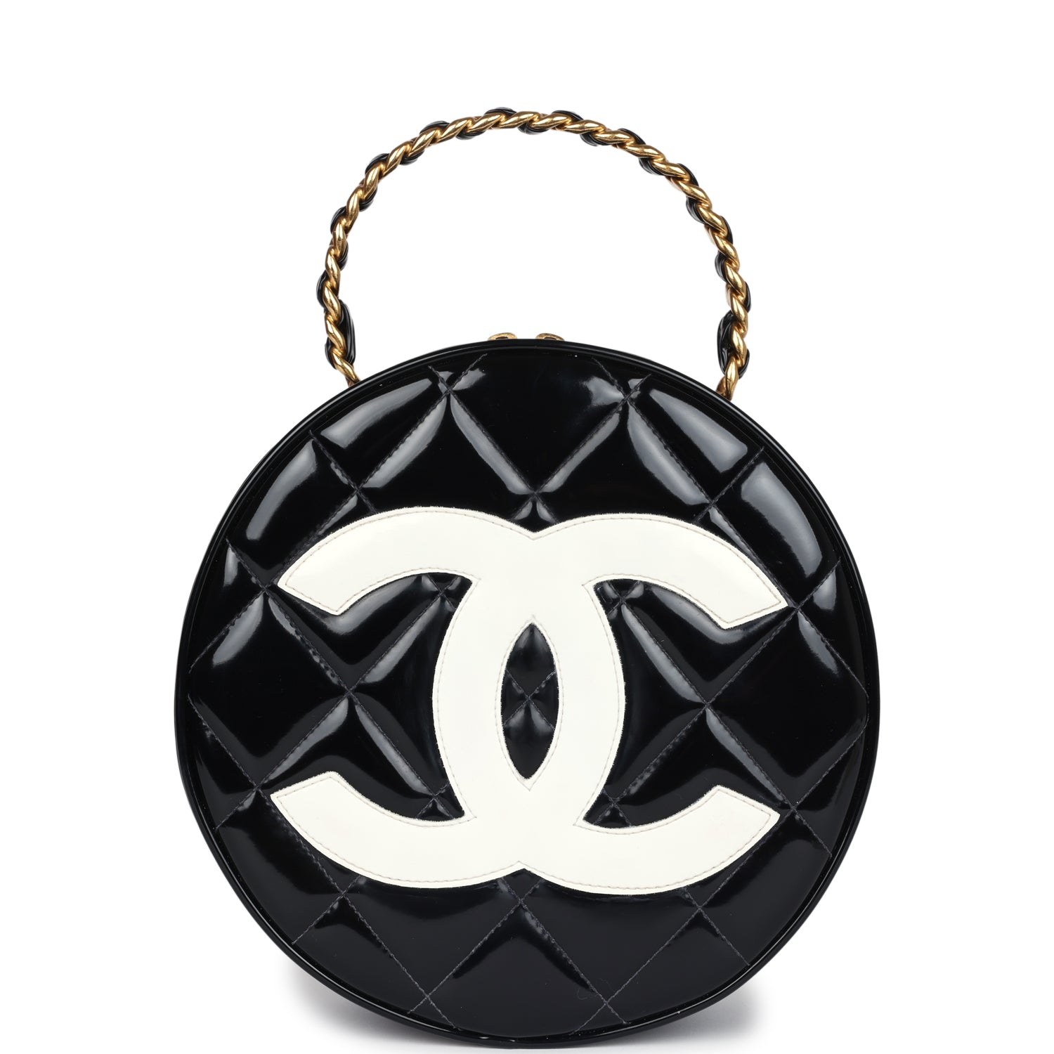New Chanel Round Vanity Bag Black and White Patent Leather Antique Gold Hardware