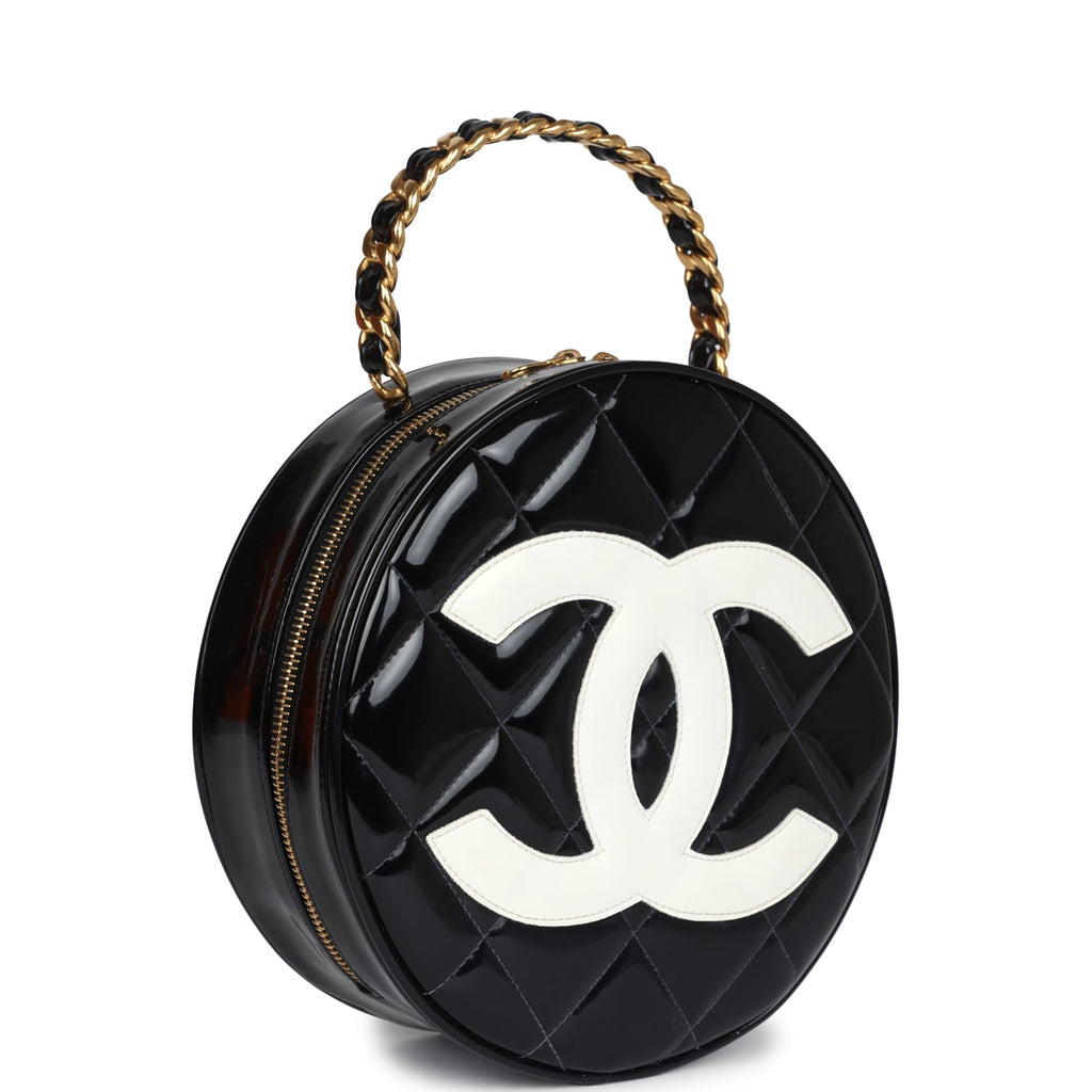 New Chanel Round Vanity Bag Black and White Patent Leather Antique Gold Hardware