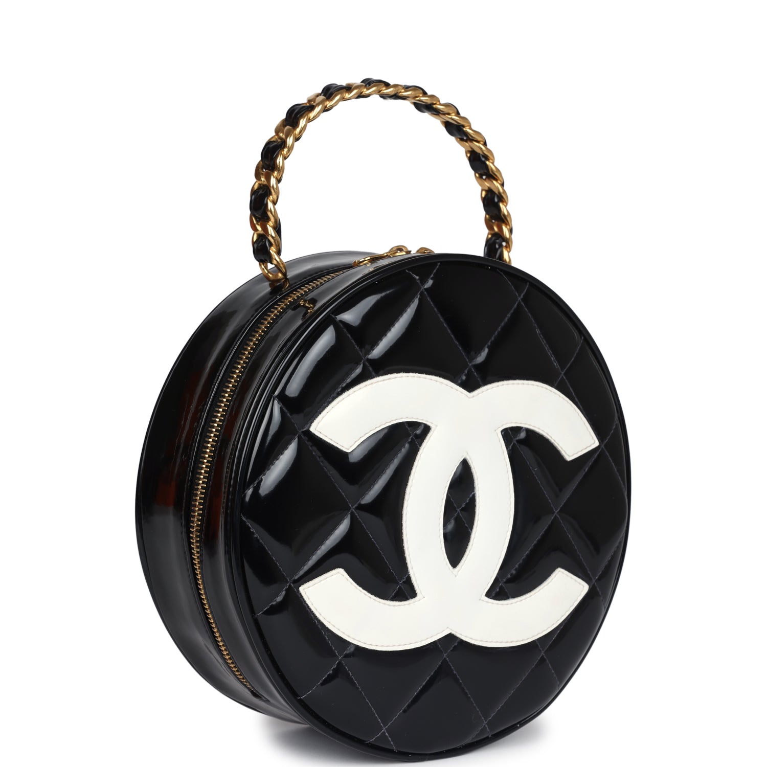 New Chanel Round Vanity Bag Black and White Patent Leather Antique Gold Hardware