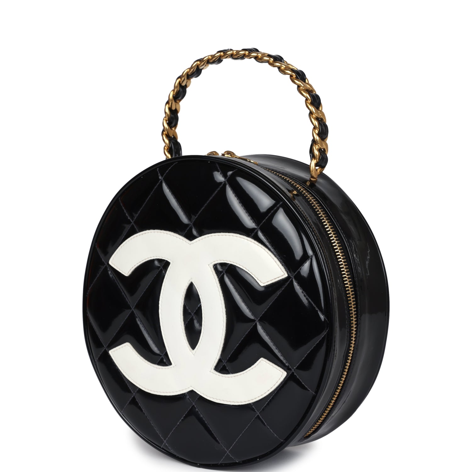 New Chanel Round Vanity Bag Black and White Patent Leather Antique Gold Hardware