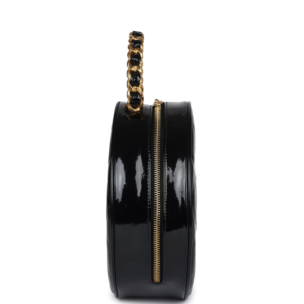 New Chanel Round Vanity Bag Black and White Patent Leather Antique Gold Hardware