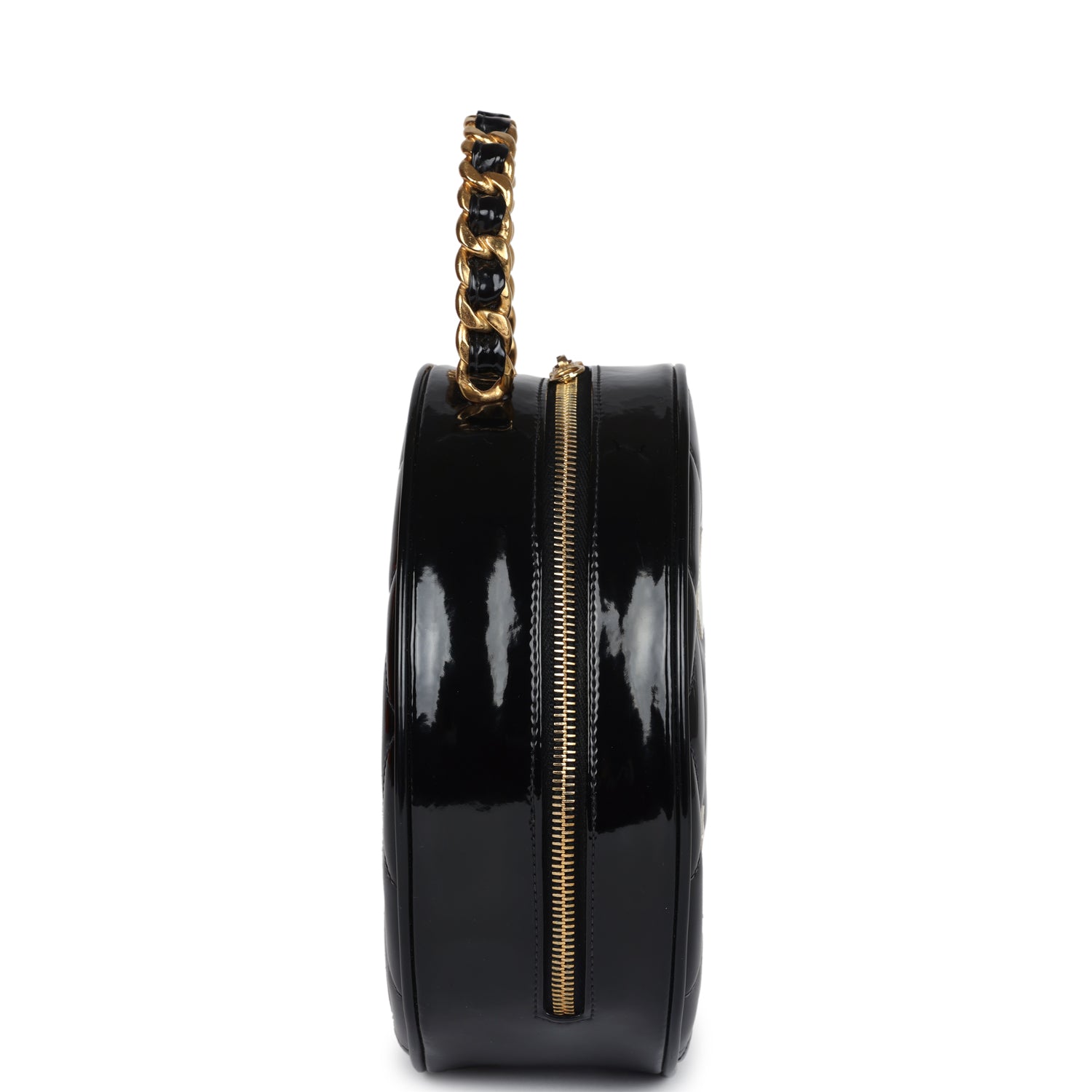 New Chanel Round Vanity Bag Black and White Patent Leather Antique Gold Hardware