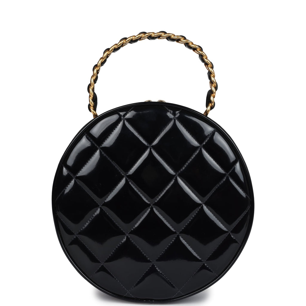 New Chanel Round Vanity Bag Black and White Patent Leather Antique Gold Hardware