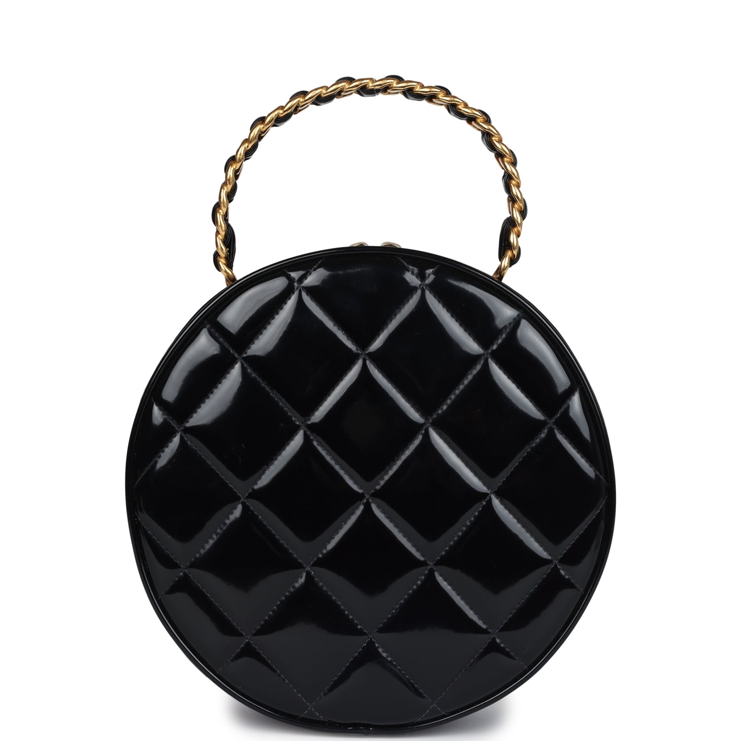 New Chanel Round Vanity Bag Black and White Patent Leather Antique Gold Hardware