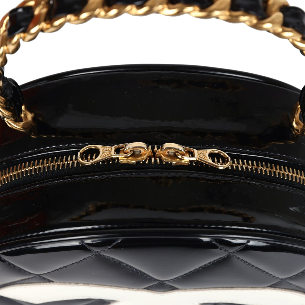 New Chanel Round Vanity Bag Black and White Patent Leather Antique Gold Hardware