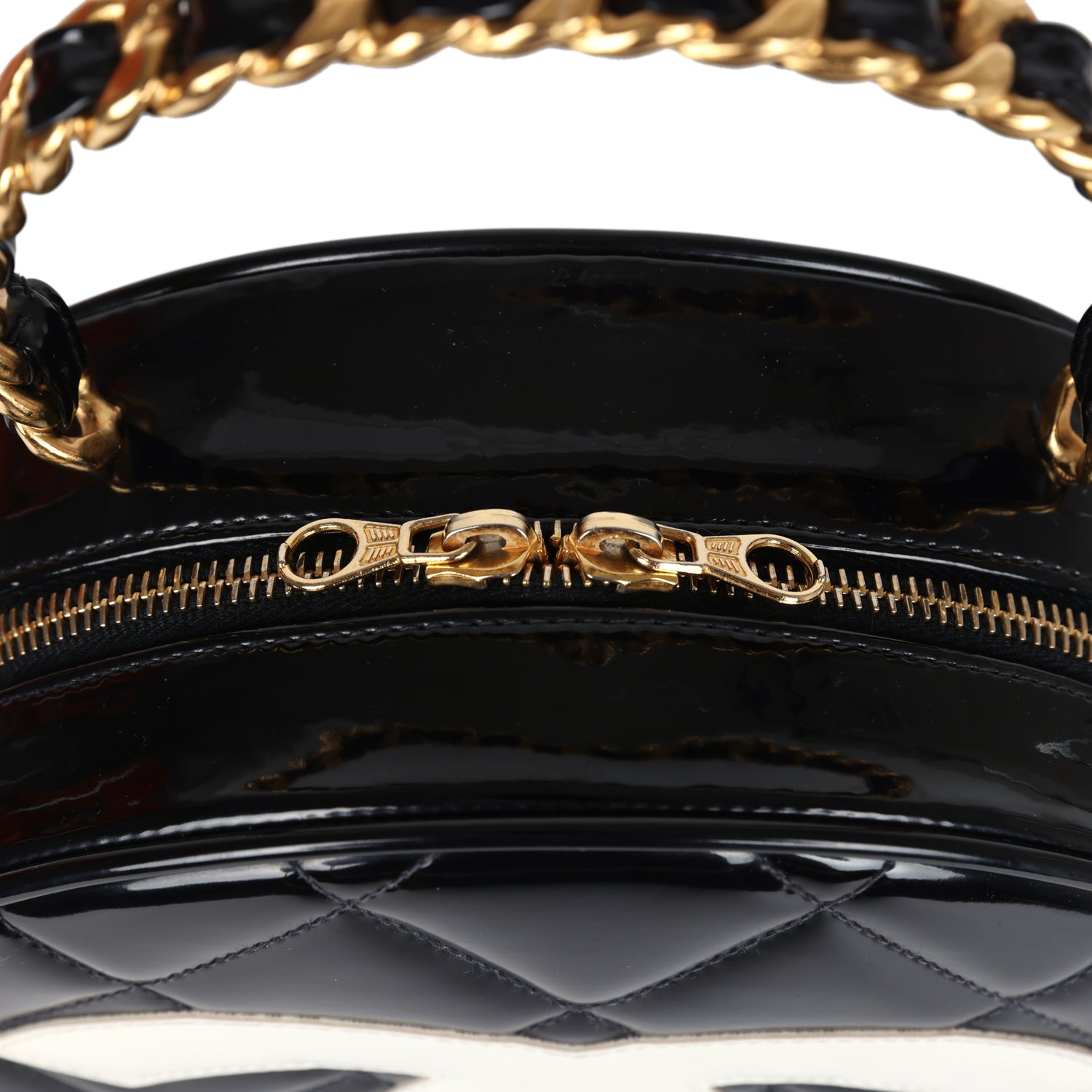 New Chanel Round Vanity Bag Black and White Patent Leather Antique Gold Hardware