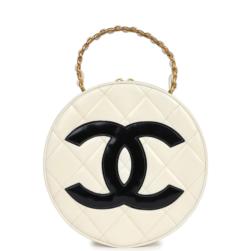 New Chanel Round Vanity Bag White and Black Patent Leather Antique Gold Hardware