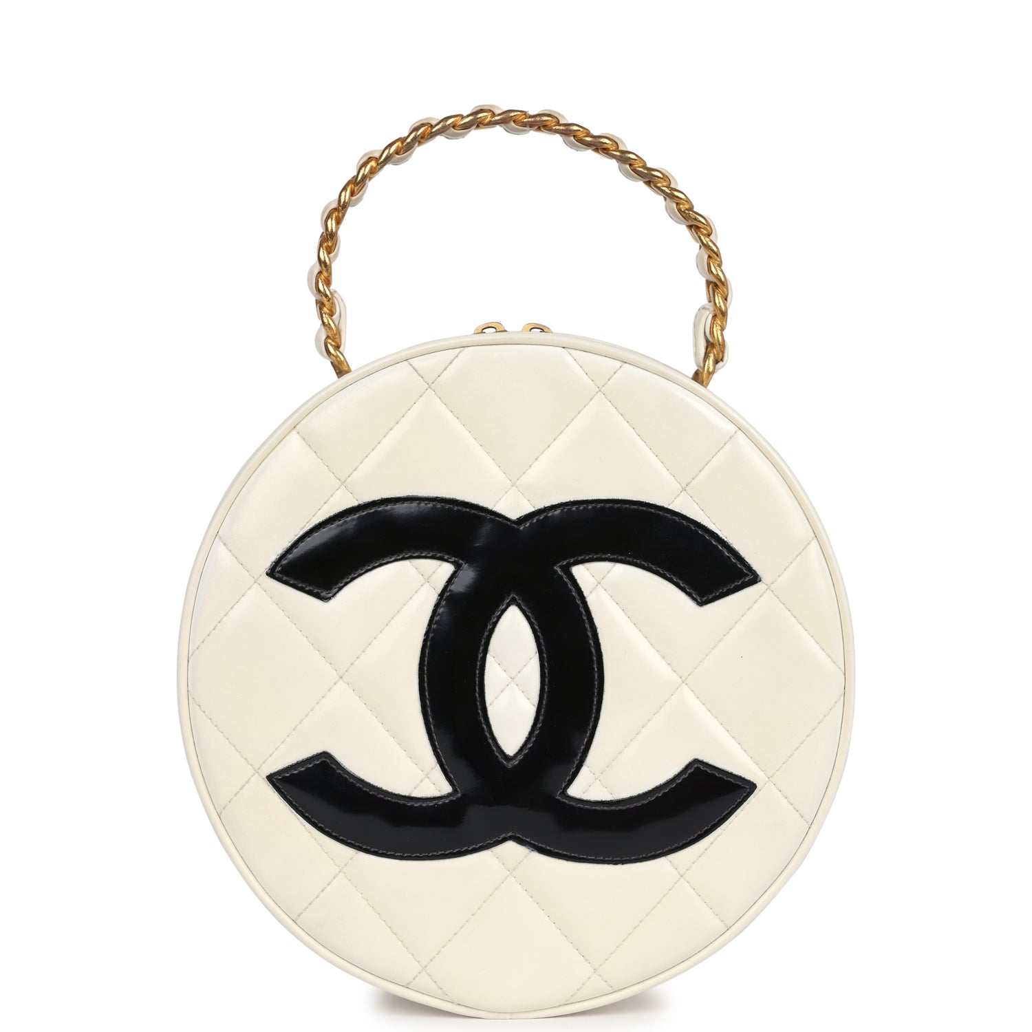 New Chanel Round Vanity Bag White and Black Patent Leather Antique Gold Hardware