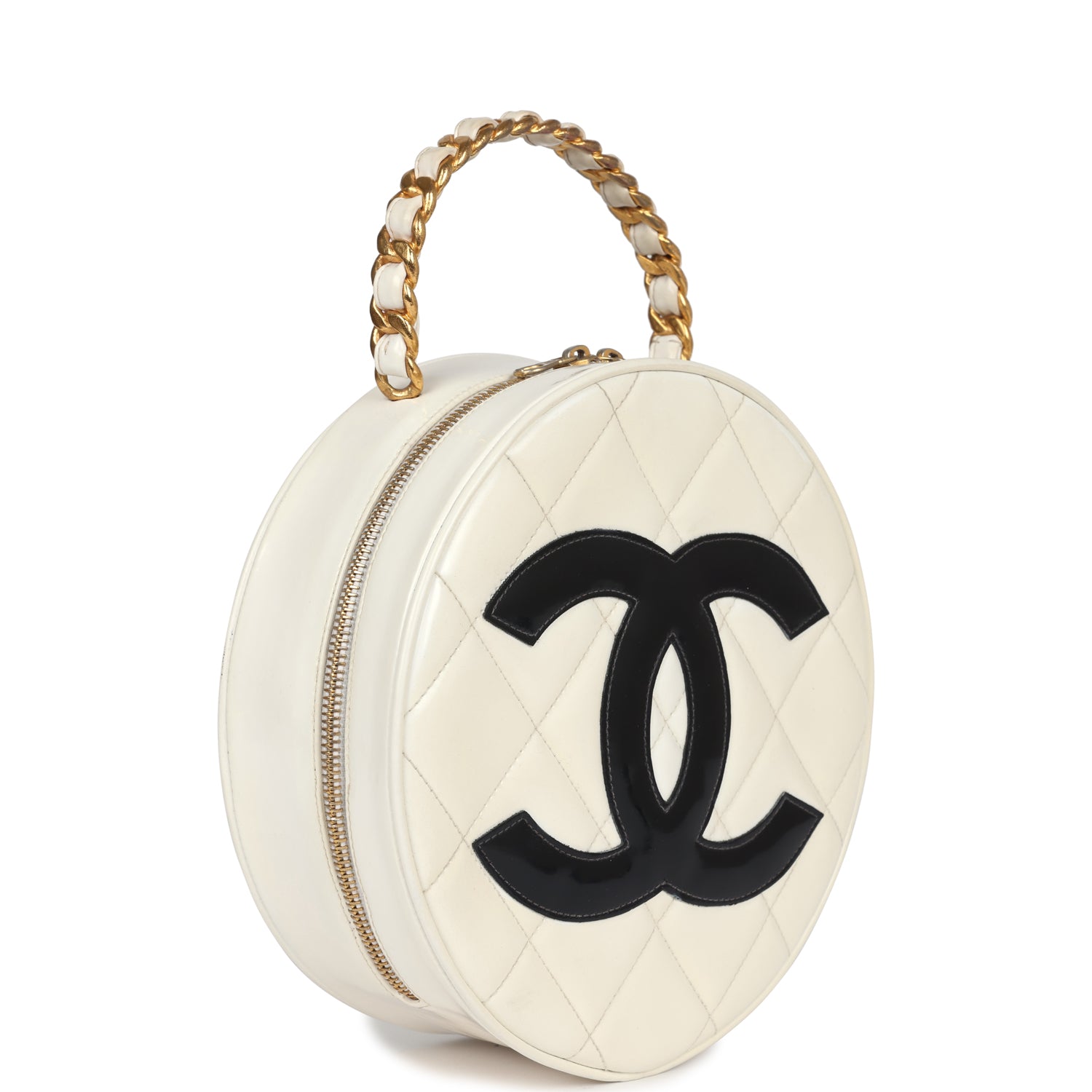 New Chanel Round Vanity Bag White and Black Patent Leather Antique Gold Hardware