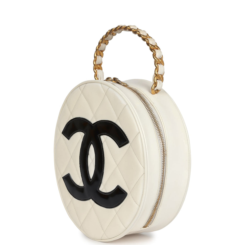 New Chanel Round Vanity Bag White and Black Patent Leather Antique Gold Hardware