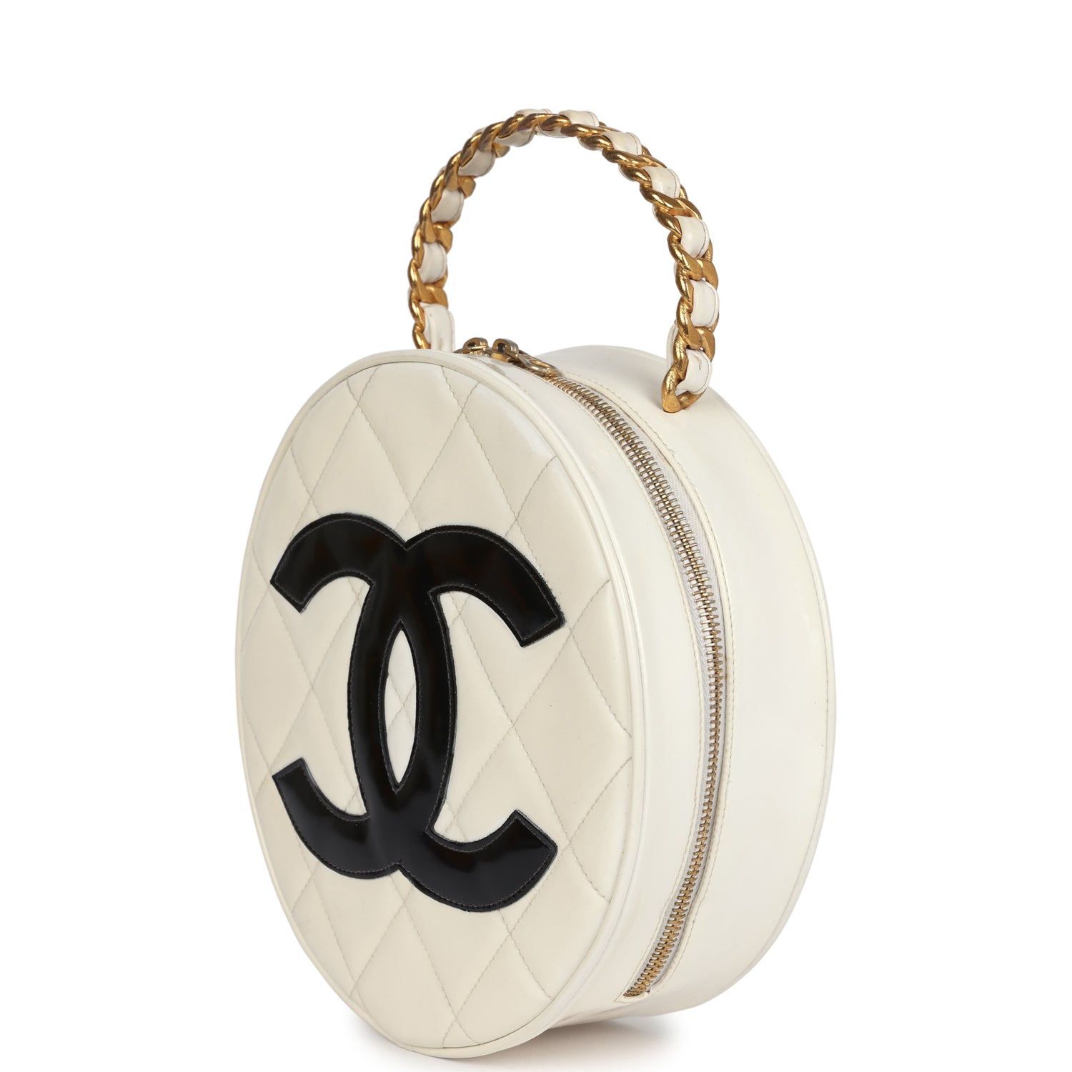 New Chanel Round Vanity Bag White and Black Patent Leather Antique Gold Hardware