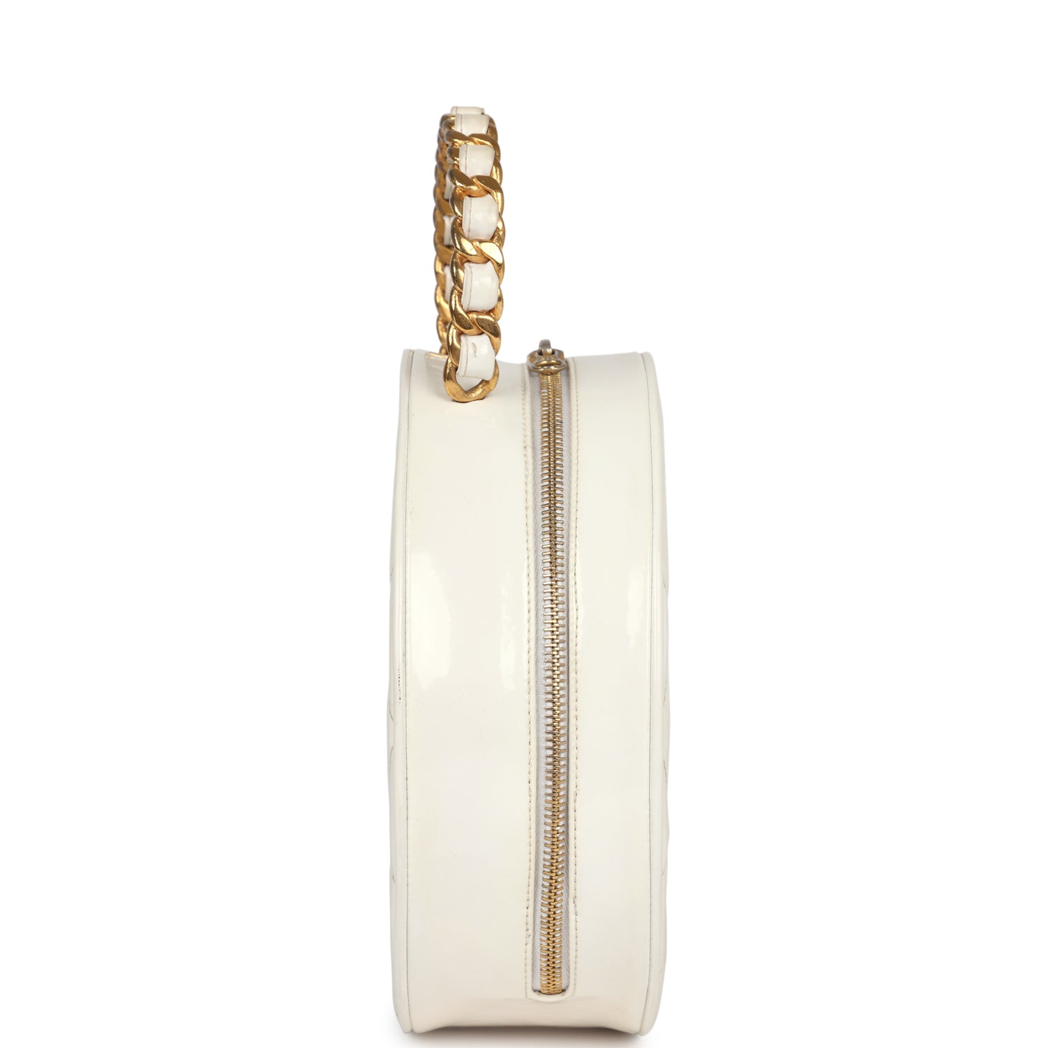 New Chanel Round Vanity Bag White and Black Patent Leather Antique Gold Hardware