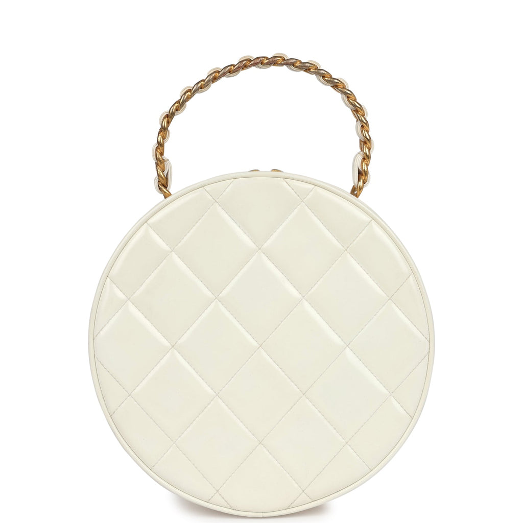 New Chanel Round Vanity Bag White and Black Patent Leather Antique Gold Hardware