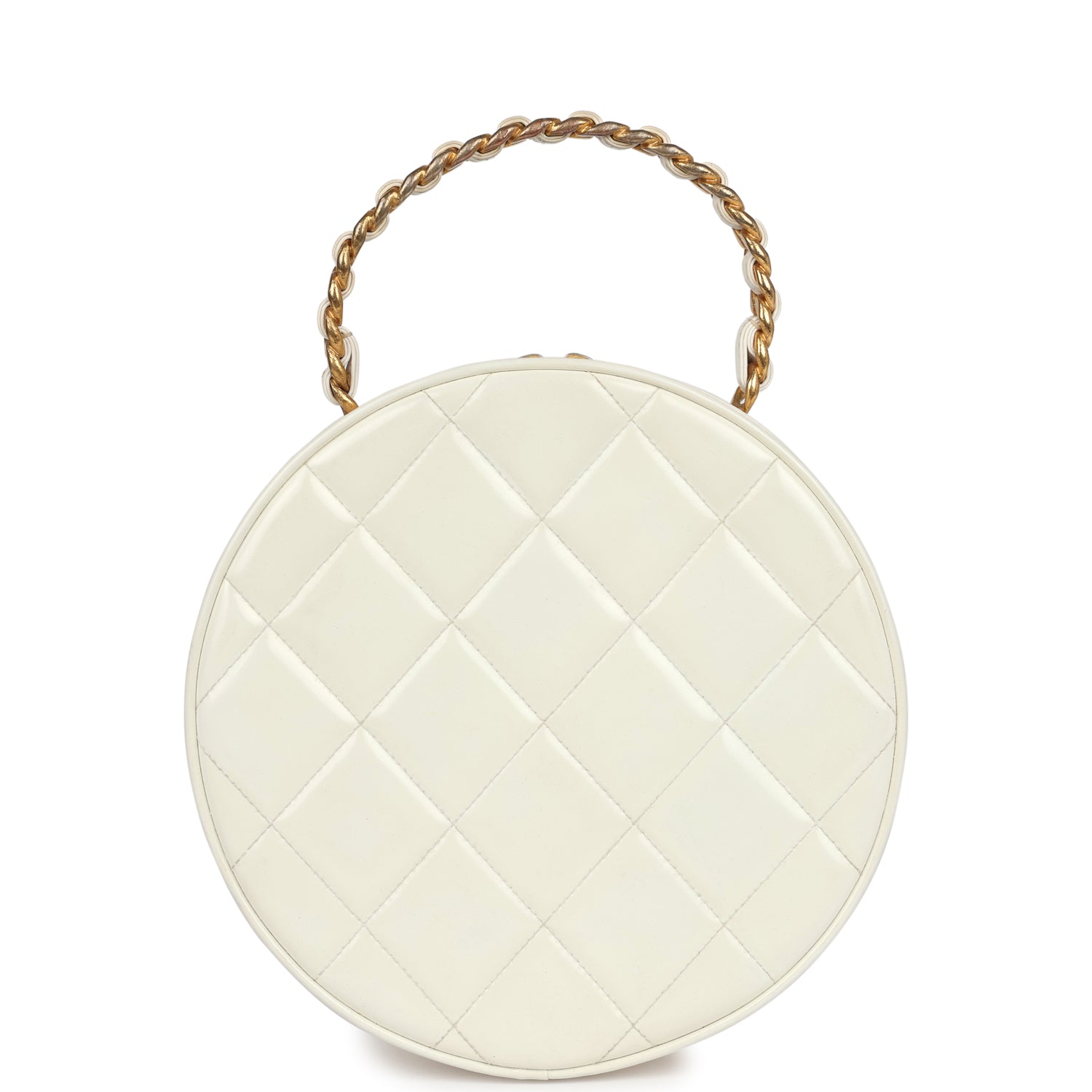 New Chanel Round Vanity Bag White and Black Patent Leather Antique Gold Hardware