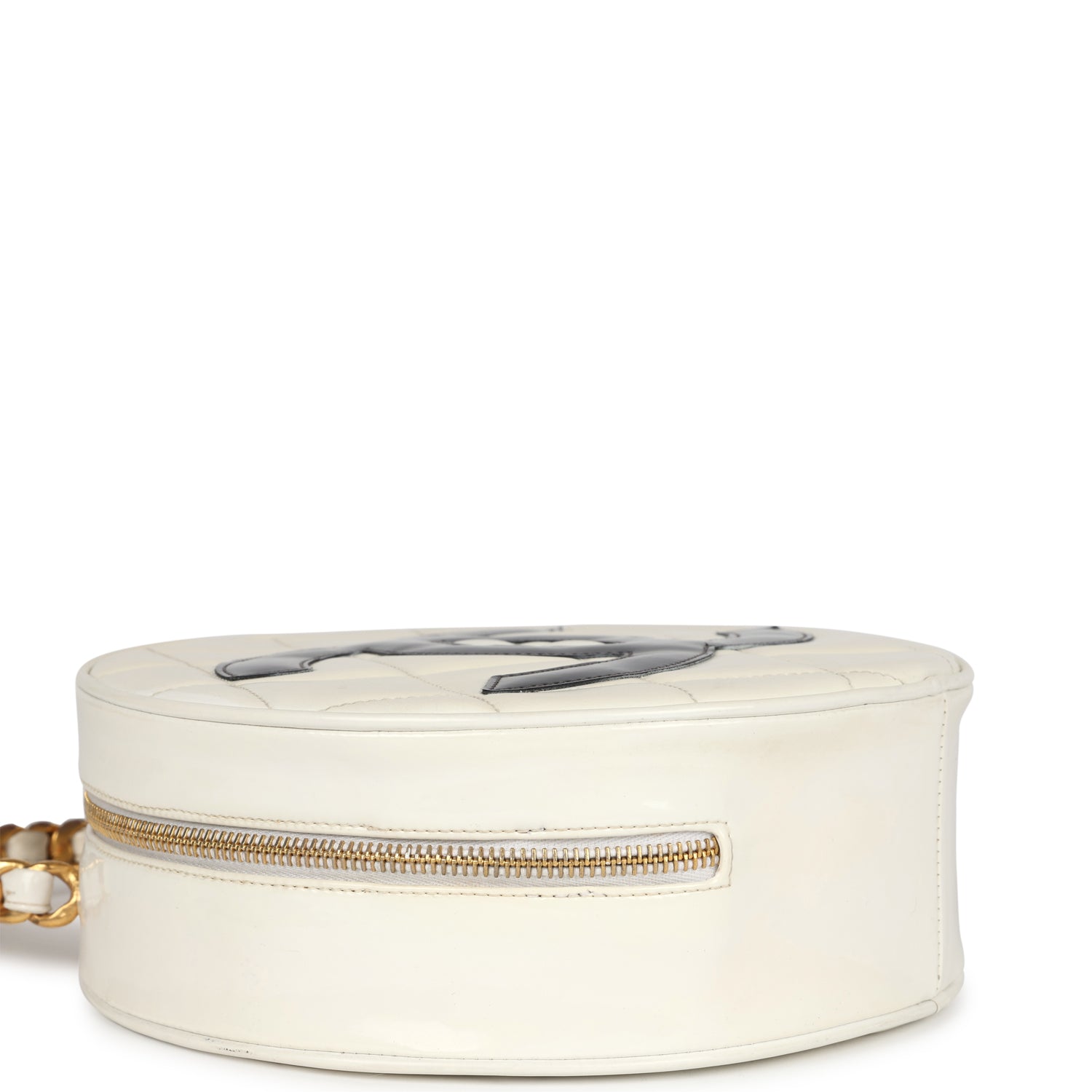 New Chanel Round Vanity Bag White and Black Patent Leather Antique Gold Hardware