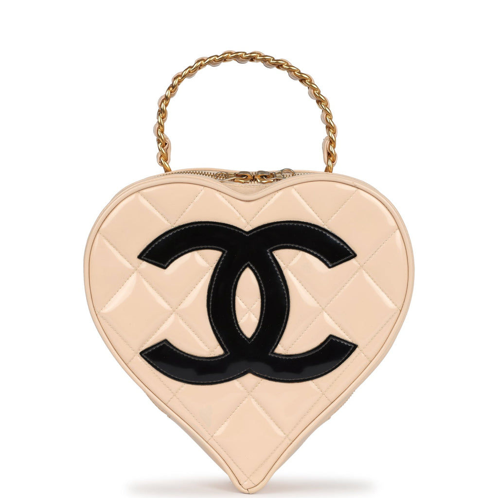 New Chanel Heart Vanity Bag Beige and Black Patent Antique Gold Hardware