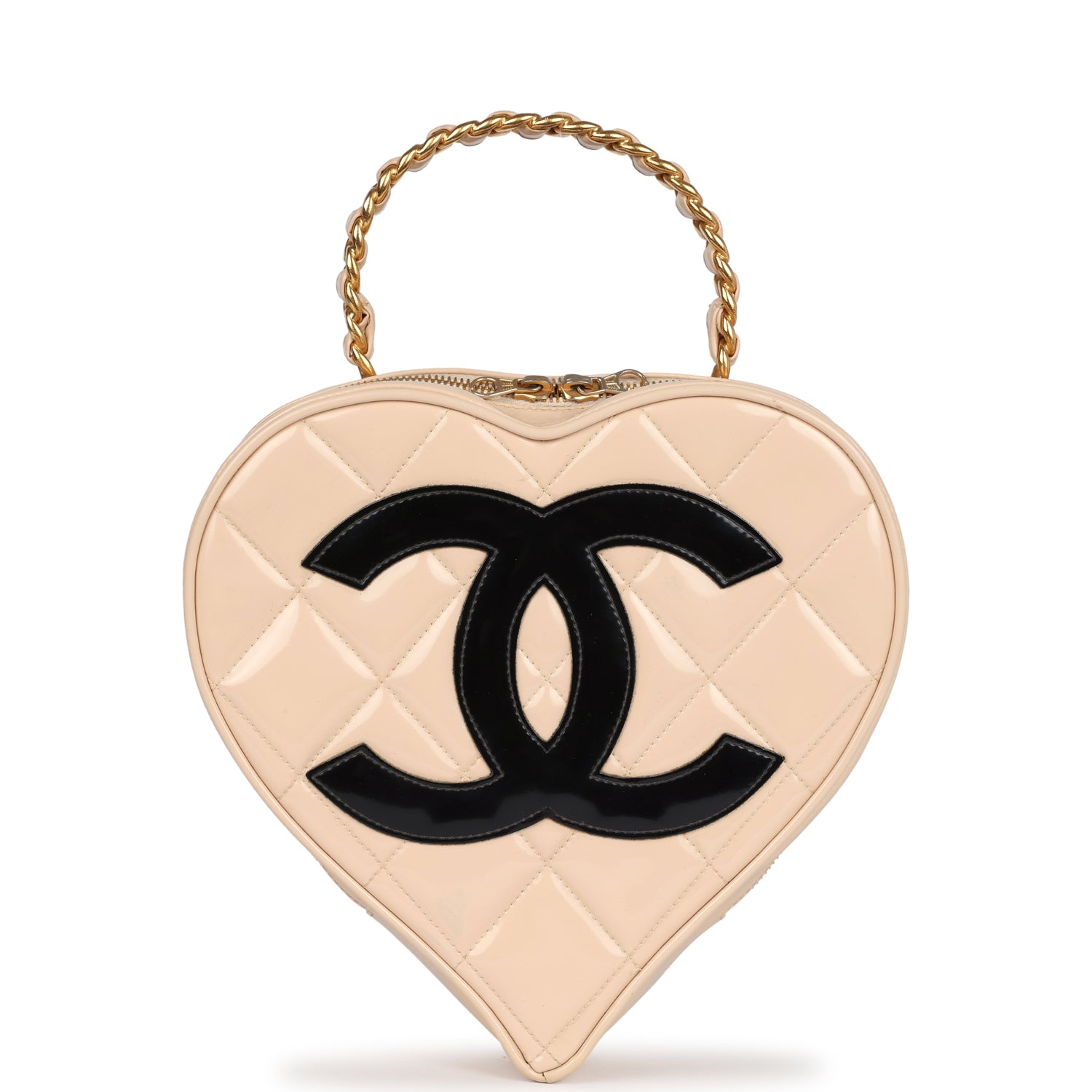 New Chanel Heart Vanity Bag Beige and Black Patent Antique Gold Hardware