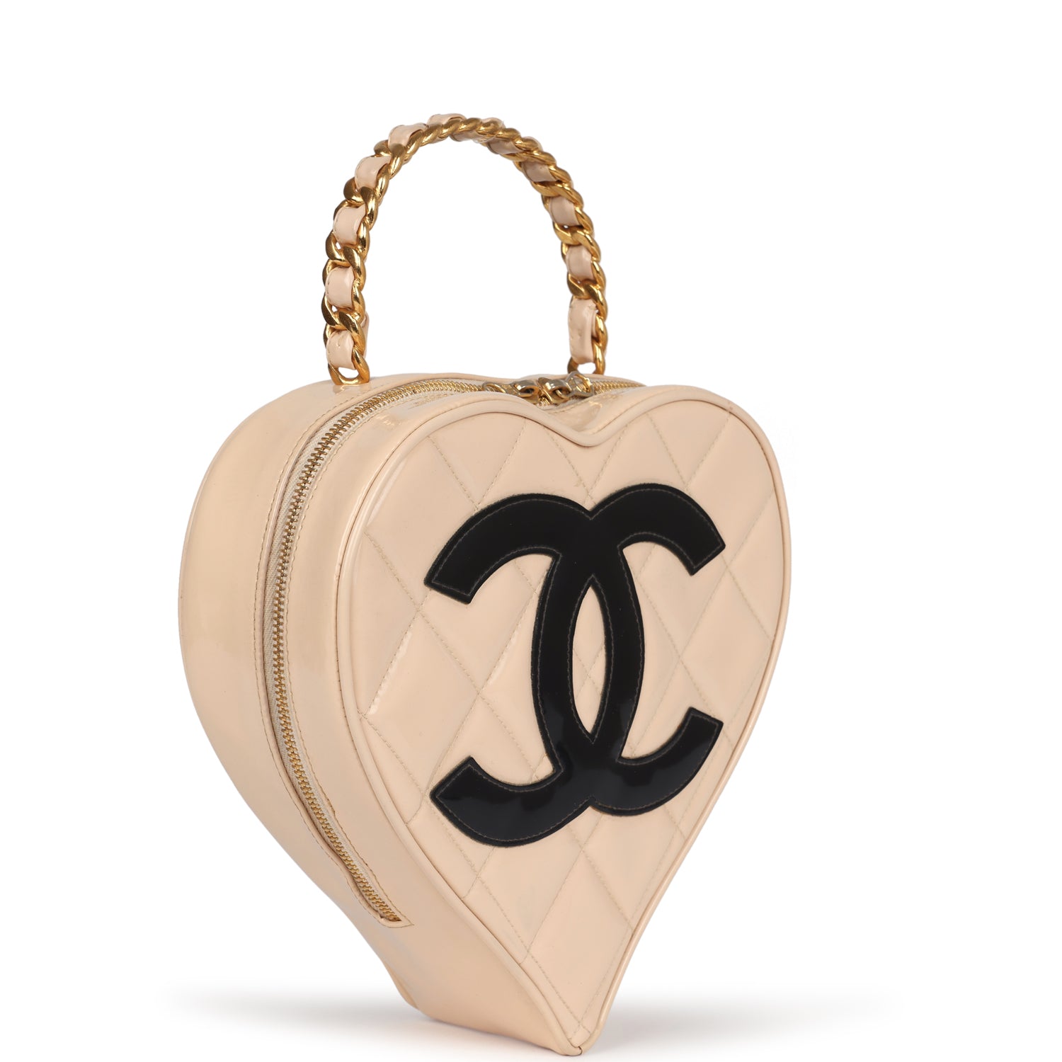 New Chanel Heart Vanity Bag Beige and Black Patent Antique Gold Hardware