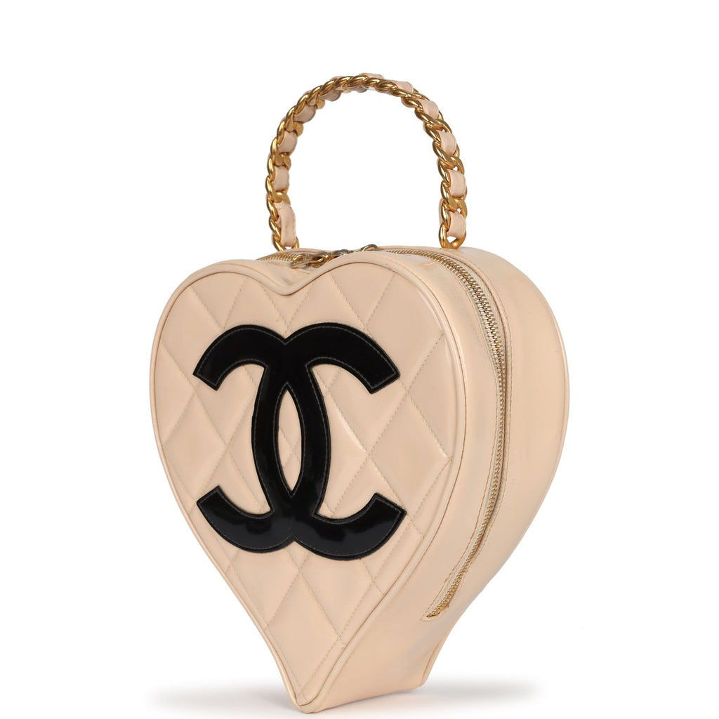 New Chanel Heart Vanity Bag Beige and Black Patent Antique Gold Hardware