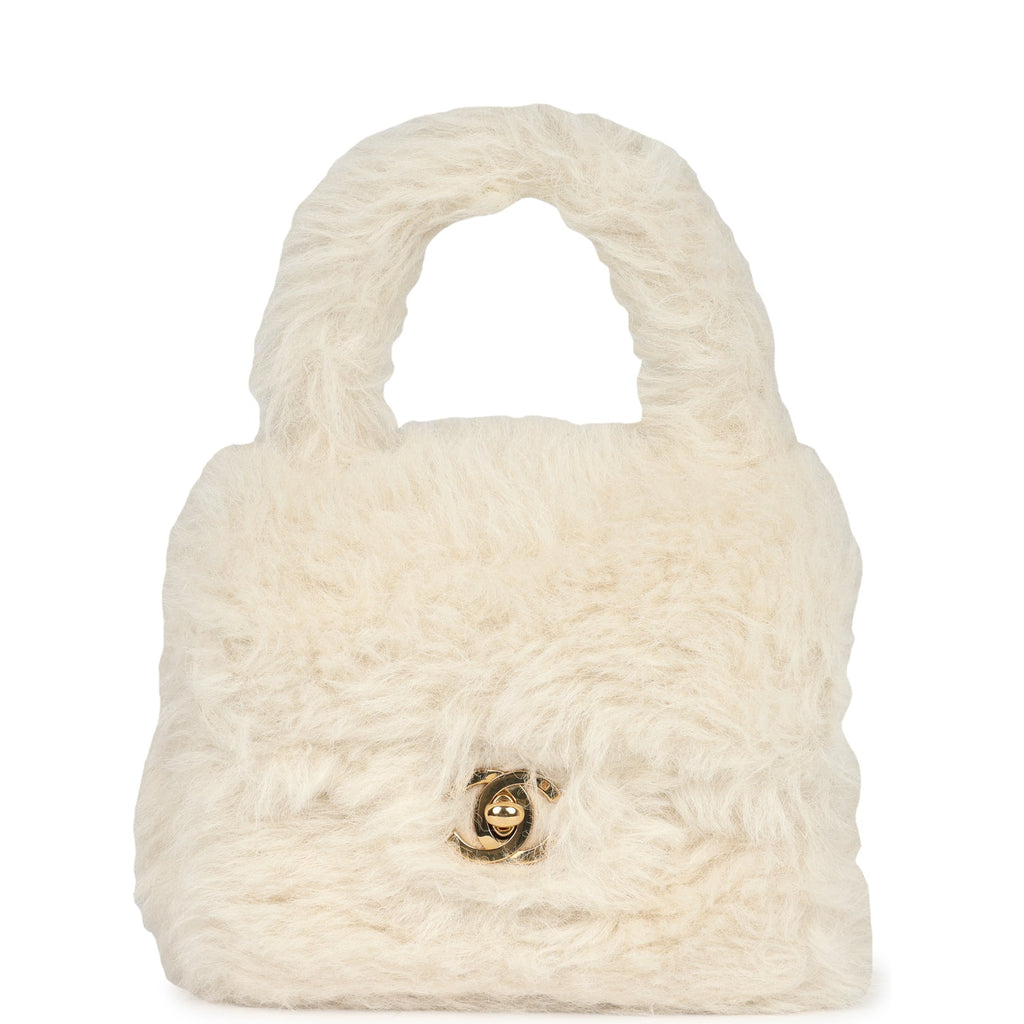 New Chanel Micro Kelly Child White Rabbit Fur Gold Hardware