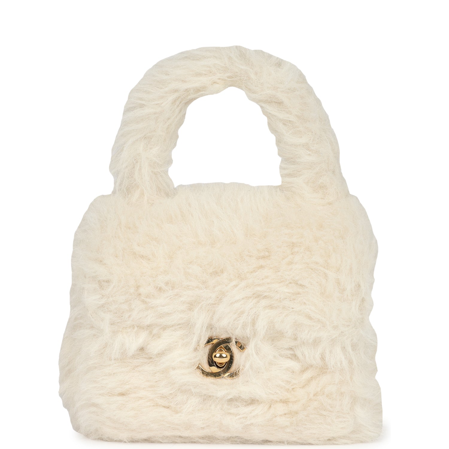 New Chanel Micro Kelly Child White Rabbit Fur Gold Hardware