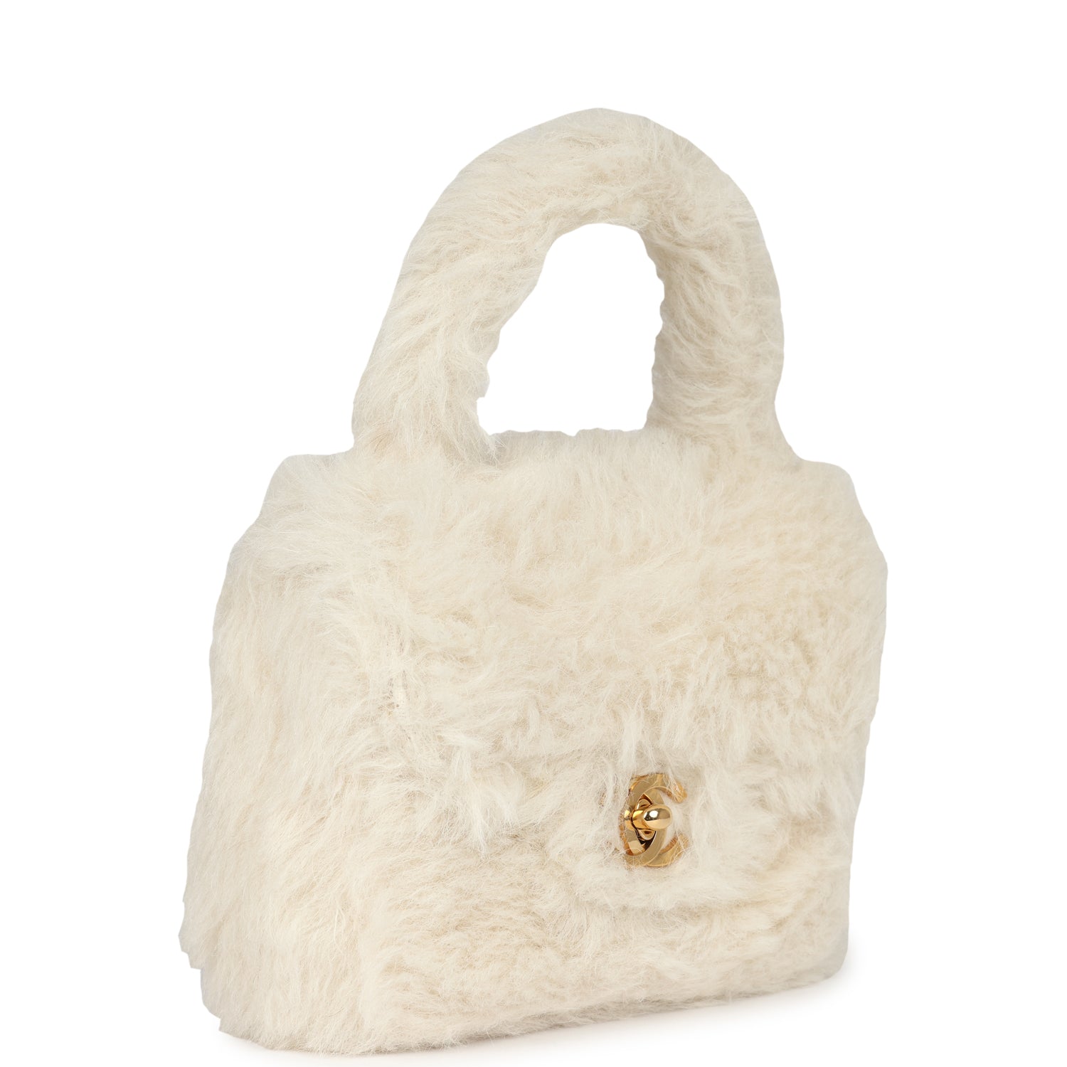 New Chanel Micro Kelly Child White Rabbit Fur Gold Hardware