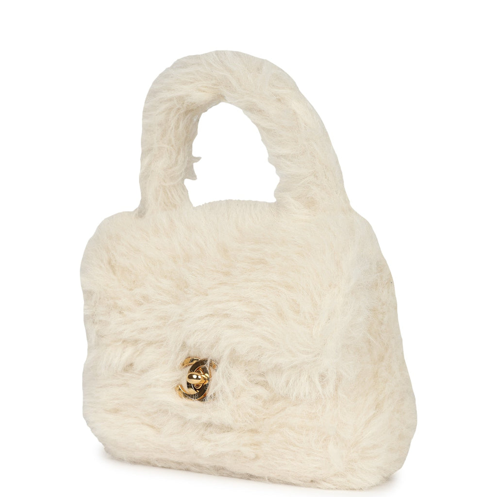 New Chanel Micro Kelly Child White Rabbit Fur Gold Hardware