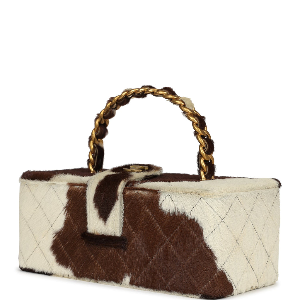 New Chanel Rectangular Vanity Box Brown and White Cow Print Pony Hair Antique Gold Hardware