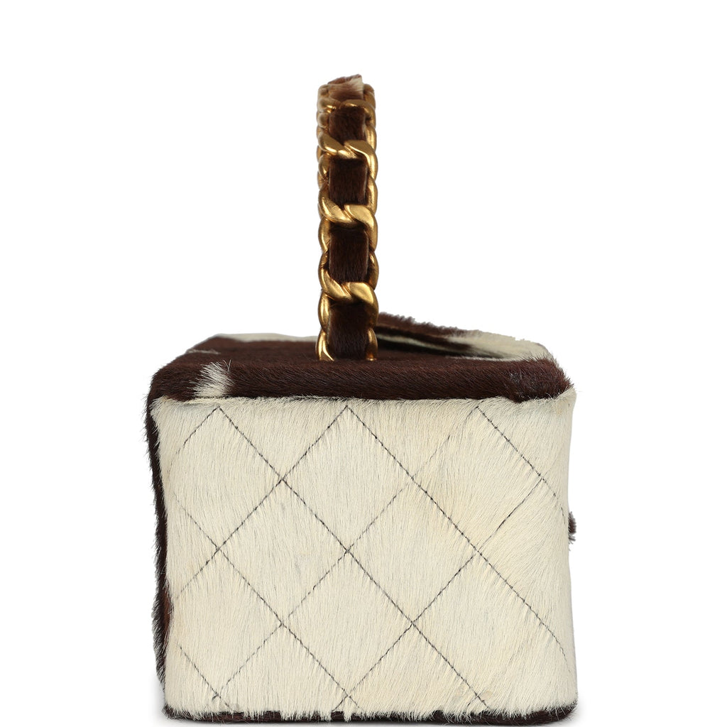 New Chanel Rectangular Vanity Box Brown and White Cow Print Pony Hair Antique Gold Hardware
