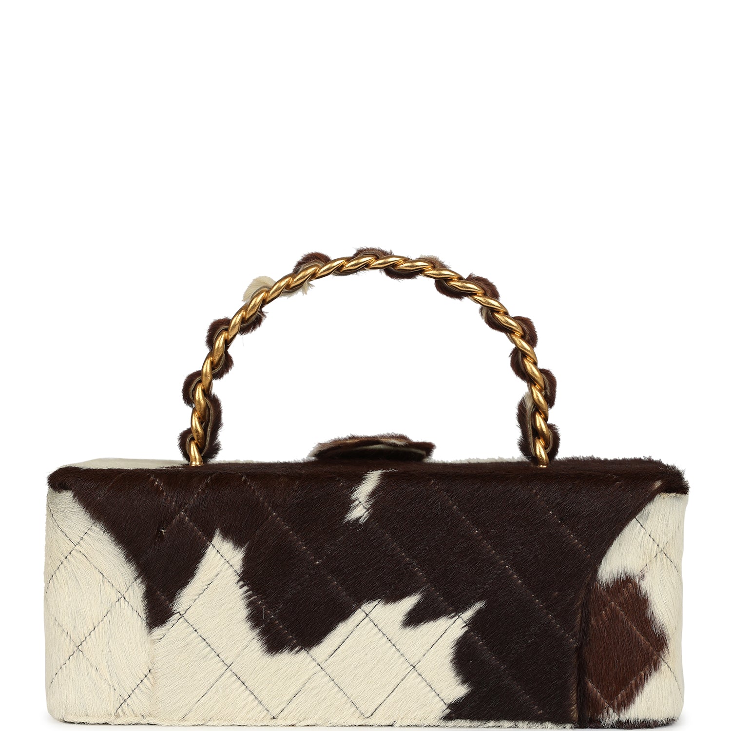 New Chanel Rectangular Vanity Box Brown and White Cow Print Pony Hair Antique Gold Hardware